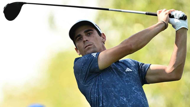Joaquin Niemann tees off during the 2023 LIV Golf Chicago golf tournament at Rich Harvest Farms.